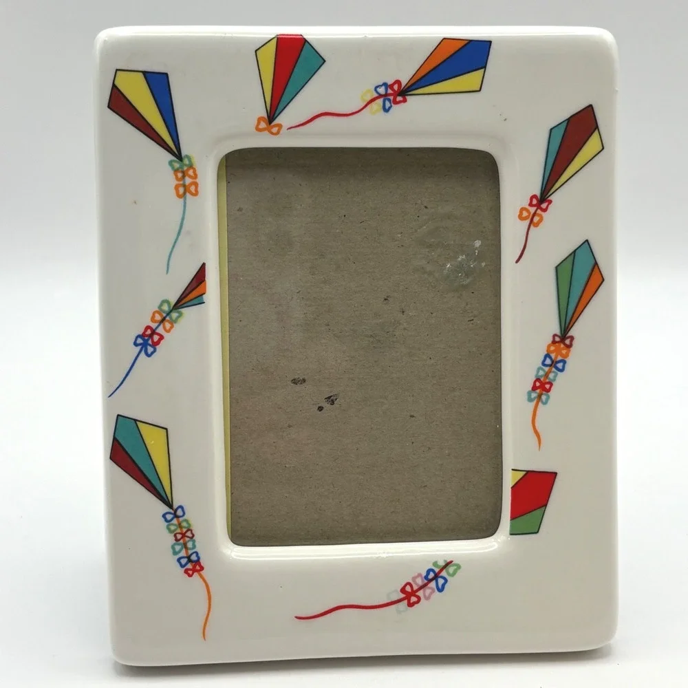 Vtg 90s Ceramic Kite Picture Frame Colorful Bows Kidcore Playful Decor 3.5x4.5